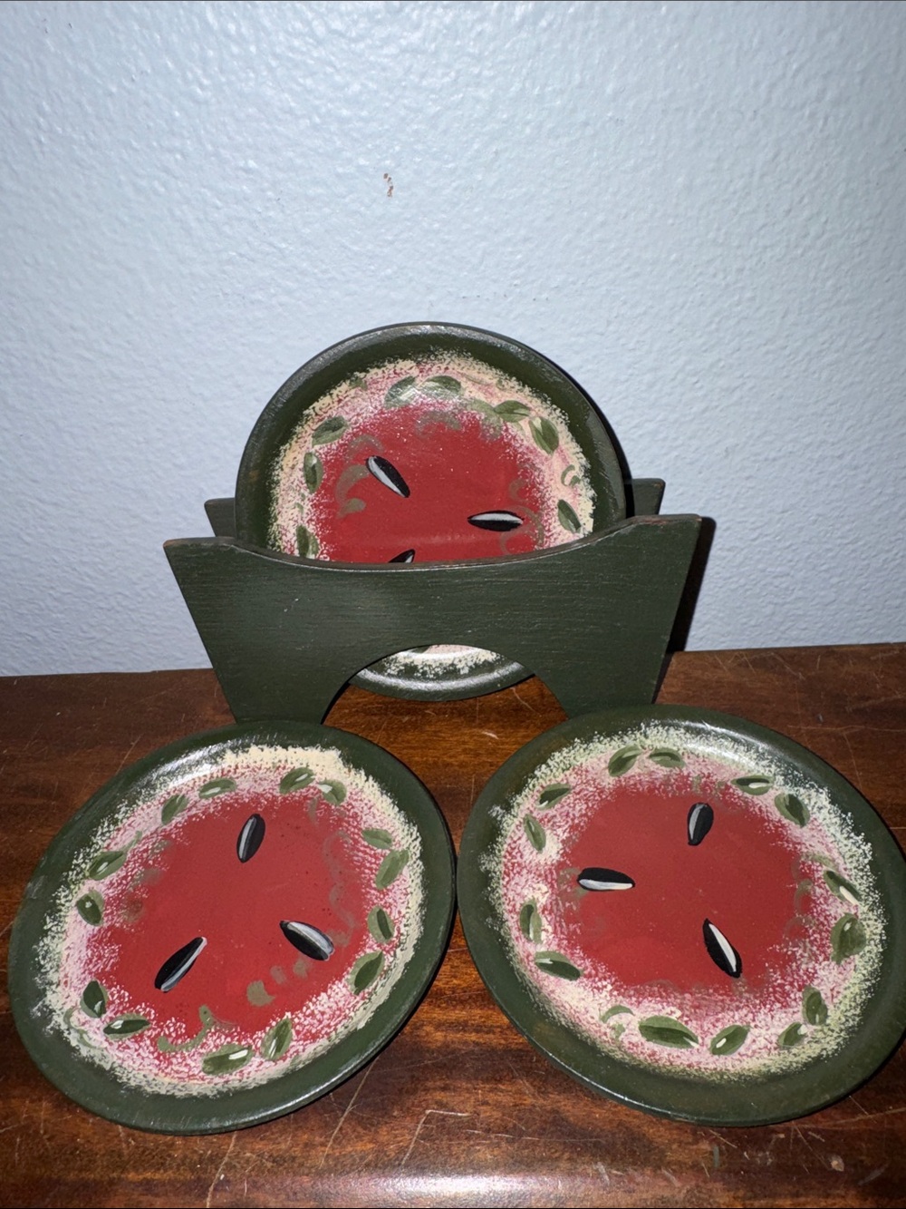 Vintage Wooden Hand-Painted Watermelon Coaster Set of 6 with Cradle Holder